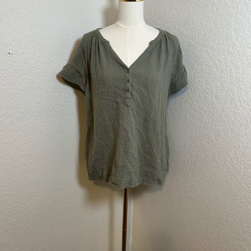 Madewell Womens XL Olive Green Cotton Double Gauze Henley Short Sleeve Blouse
